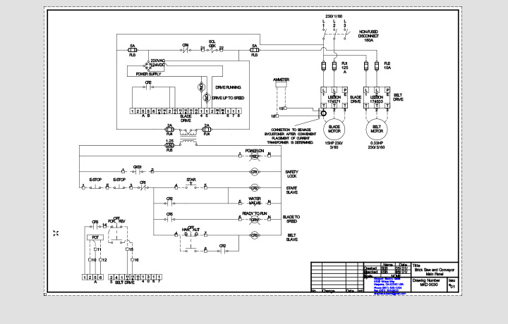 <b>Brick Saw and Conveyor Main Panel Drawing</b><span><br /> Designed by <b>Stephen Baum</b> • Created in <a href='/2d-3d-drafting/2d-3d-cad-graphite.html'>Graphite Precision CAD Software</a></span>