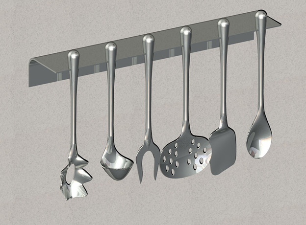 <b>Stainless Utensils & Rack</b><span><br /> Designed by <b>Yvette Chaparro</b> of <b>Studio Gelato</b> • Created in <a href='/3d-modeling/3d-modeling-cobalt.html'>Cobalt CAD & 3D Modeling Software</a></span>