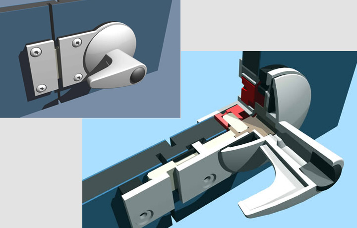 <b>Façadeflush Washroom Cubicle Lock</b><span><br /> Designed by <b>Brian Watson</b> and <b>Tony Weels</b> of <b>Grant Westfield Ltd.</b> • Created in Ashlar-Vellum CAD & 3D Modeling Software</span>